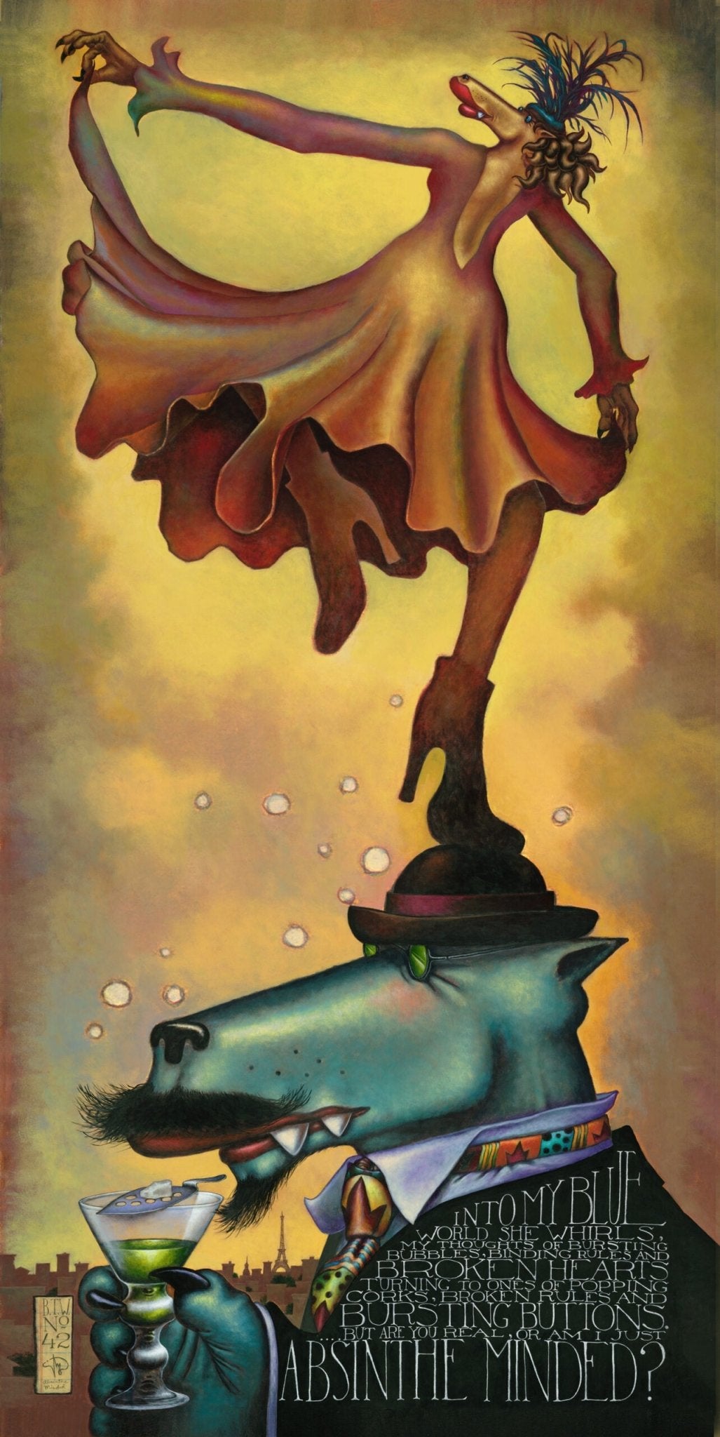 A surreal painting titled Absinthe Minded features a blue wolf in a suit holding a cocktail with an Eiffel Tower stirrer. A woman dances on its hat against a dreamy yellow backdrop with floating bubbles, creating an evocative blue world.