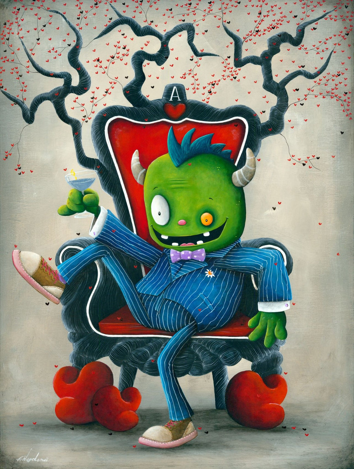 A cartoonish green monster with a blue mohawk and small horns sits whimsically on an ornate chair, wearing a blue pinstripe suit and holding a drink. It has mismatched eyes, against a background of a tree with red blossoms and twisted dark branches, reminiscent of Fabio Napoleoni art. Product: Ace in the Hole.