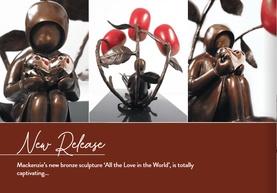 Three views of Mackenzie Thorpes bronze sculpture “All The Love In The World” show a faceless, seated figure with a heart and cherry-like shapes overhead. New release announced at Marcus Ashley Gallery in the Lake Tahoe art district.
