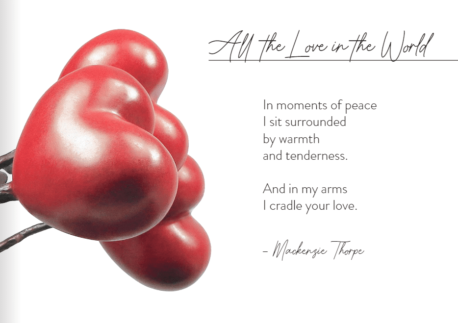 Three red heart-shaped balloons drift beside a heartfelt poem, both part of All The Love In The World by Mackenzie Thorpe—an artwork reflecting warmth and tenderness, available at Marcus Ashley Gallery.