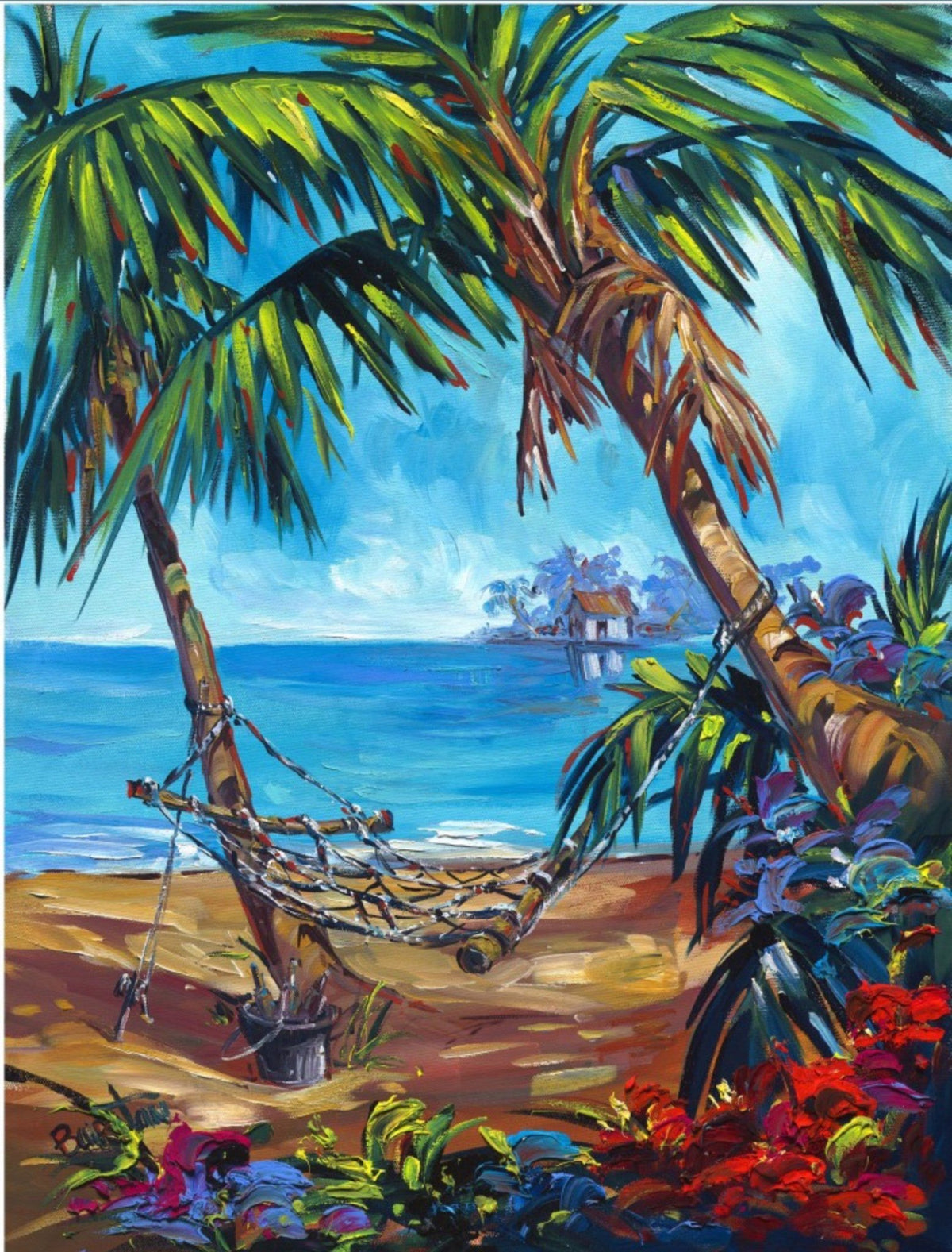 beach scene with 2 palm trees over the ocean artwork by steve barton