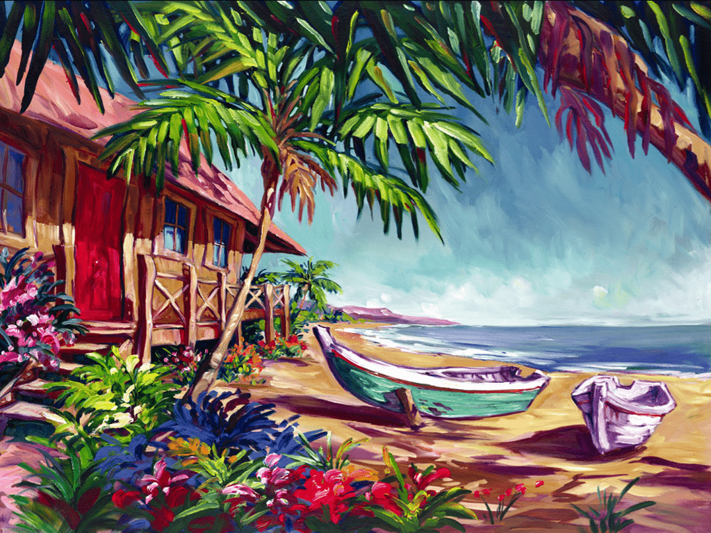 Steve Bartons Aloha Lifestyle painting captures island living with a tropical beach scene featuring two boats on the sandy shore, swaying palm trees beside a flower-adorned wooden cabin, and the ocean stretching into a clear blue sky.