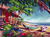 Steve Bartons Aloha Lifestyle painting captures island living with a tropical beach scene featuring two boats on the sandy shore, swaying palm trees beside a flower-adorned wooden cabin, and the ocean stretching into a clear blue sky.
