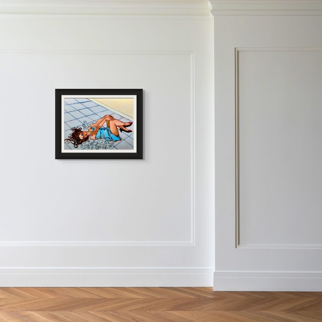 The framed original oil on canvas Artistic Menace by Todd White features a woman in a blue dress sprawled elegantly amidst flowers on a tiled floor against minimalistic paneled walls and a herringbone wood floor.