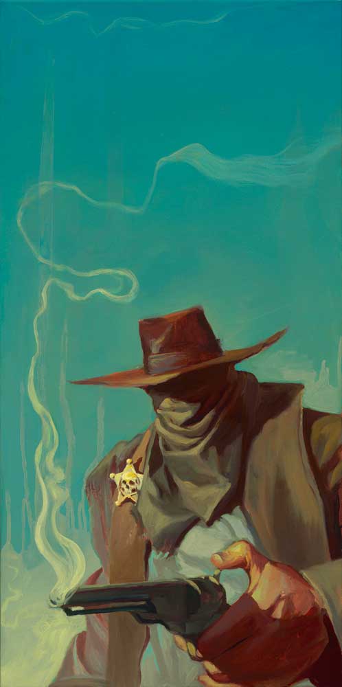 A mysterious cowboy, donned in a wide-brimmed hat and bandana, holds a smoking revolver under the striking blue sky. A sheriffs badge gleams on their chest, embodying the cinematic style of Ask Questions Later reminiscent of the Wild West.