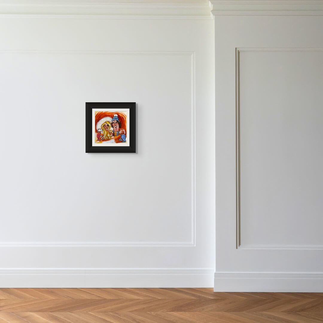 The Baby Its Cold Outside small, colorful artwork, full of whimsical charm, hangs on a white wall with decorative molding in a spacious room featuring light brown herringbone wood floors.