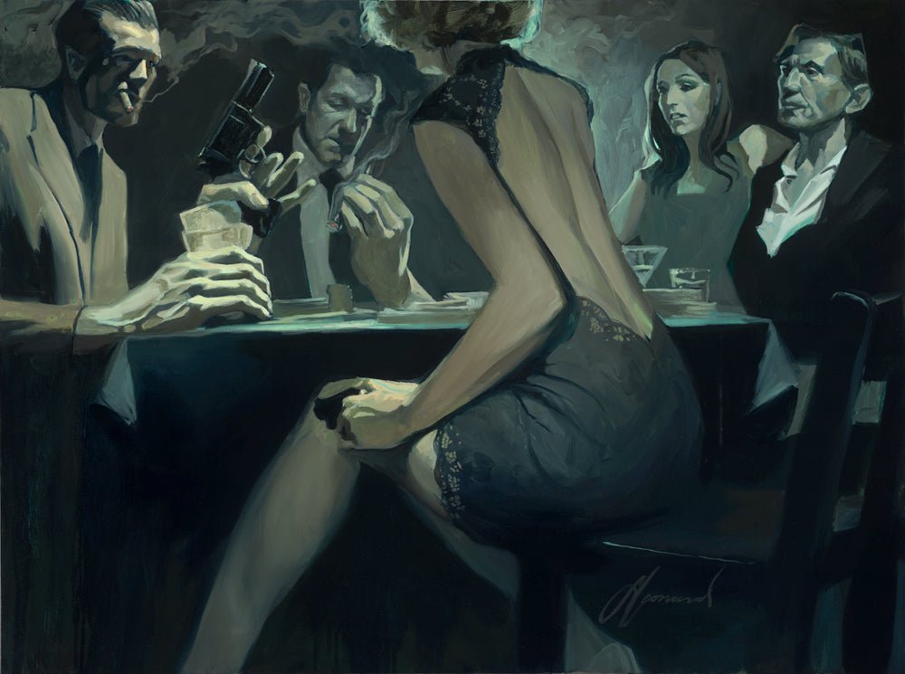In the evocative artwork Back Biter, a dimly-lit scene unfolds with four men and a woman at a table in true film noir style. One man holds a gun, another lights a cigarette, and the woman is shown from behind in a short dress, intensifying the tense ambiance.