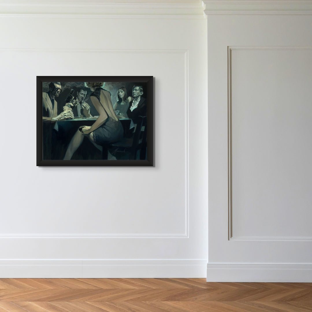 A minimalist room with white paneled walls and a herringbone floor features a framed painting, Back Biter, depicting somber individuals around a table. Its muted tones and dark atmosphere evoke film noir mystery.