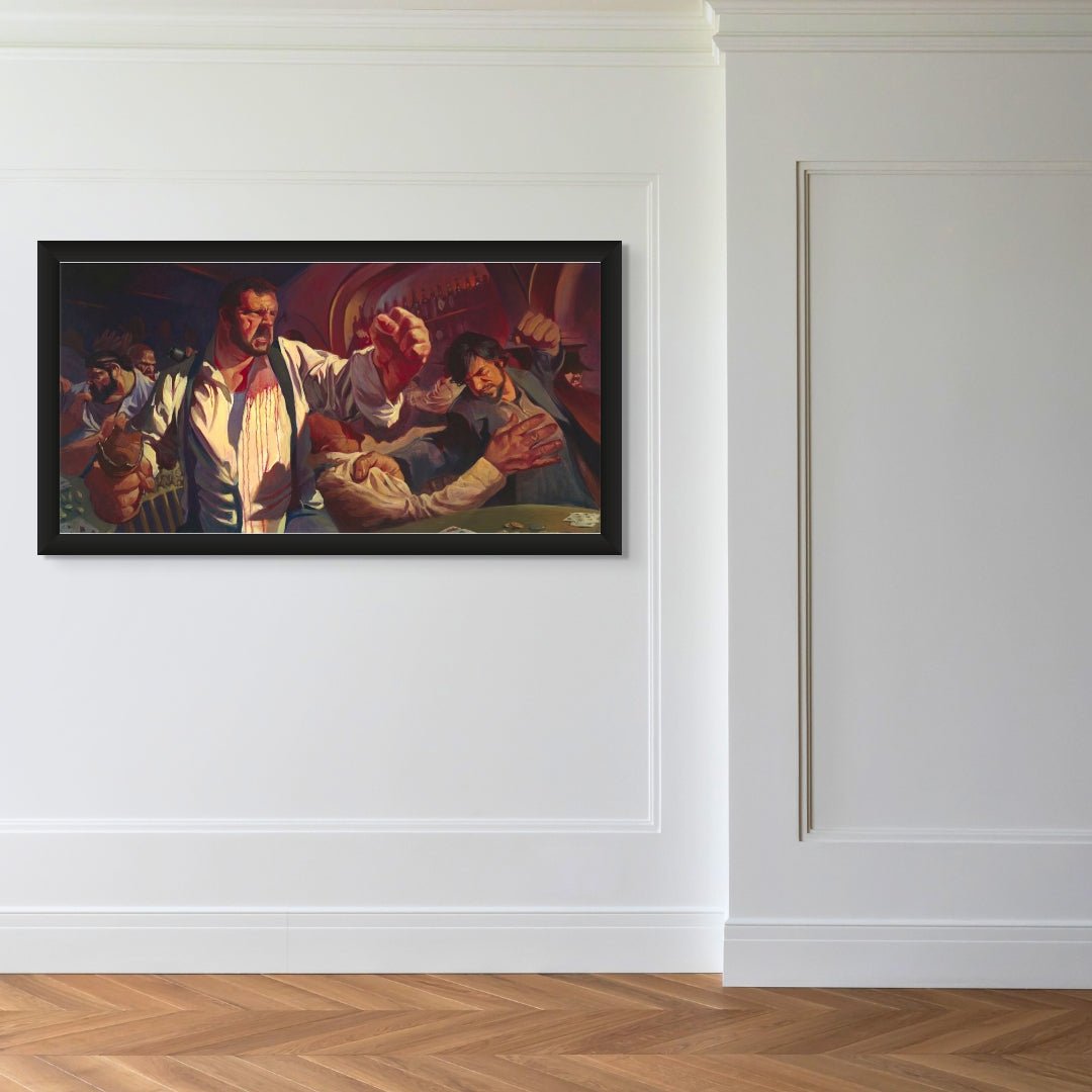 Bar Fight by Gabe Leonard hangs on a white wall with herringbone wood flooring and decorative trim, vividly portraying several men in expressive, cinematic action amid an intense bar fight scene.