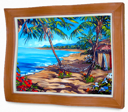 A Barefoot Bungalow painting depicts a tropical beachfront with a hammock between palm trees, vibrant flowers on the sandy shore, and a bright blue ocean. It features a wavy light brown wood frame, reminiscent of Steve Barton art.