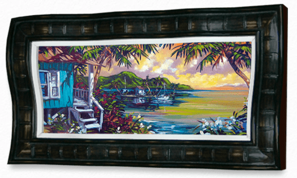 The Beautiful framed painting by Steve Barton Art depicts a tropical seascape at sunset, featuring a blue house with steps, lush vegetation, boats on calm water, mountains in the background, and a sky bursting with vibrant yellow, orange, and purple hues.
