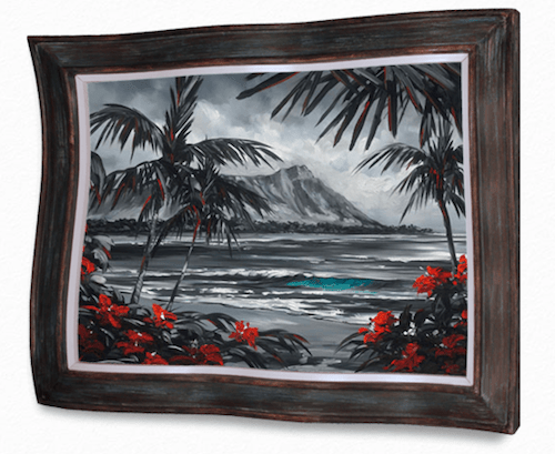 Black Diamonds, a framed painting by Steve Barton Art, depicts a tropical landscape featuring palm trees, a mountain, ocean waves, and limited edition elements in black and white with red flowers in the foreground and a hint of blue in the water.