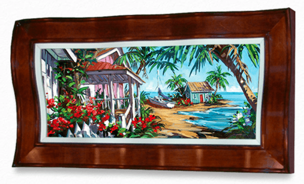 The Captains Cove, a framed painting in Steve Barton Arts style, showcases an impressionistic coastal scene with vibrant houses, lush palm trees, and bright flowers along a sandy path to the ocean. A boat rests near the shore under a clear blue sky, all encompassed by a wavy-edged wooden frame.
