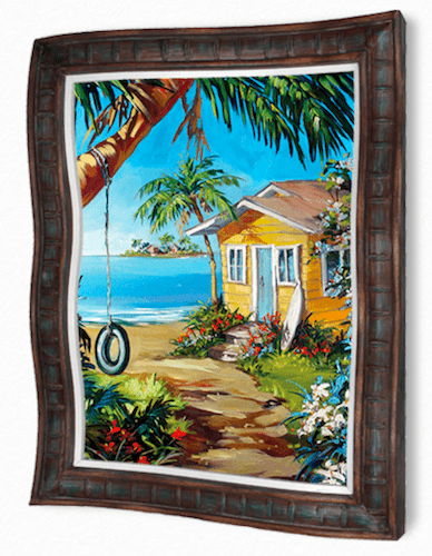The Caribbean Country Club painting by Steve Barton Art features a tropical scene with a yellow house by the ocean, lush greenery, flowers, a winding path to the water, and a tire swing on a palm tree under a bright blue sky.
