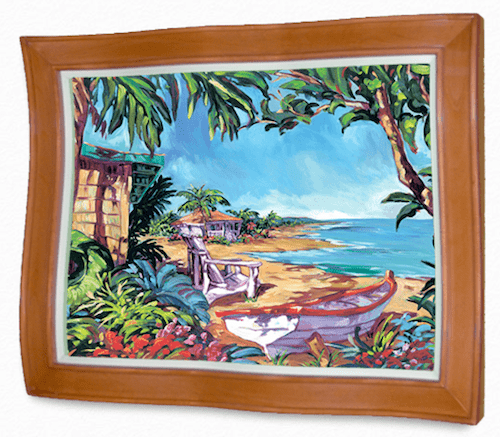 Caribbean Dream by Steve Barton Art, showcased at Marcus Ashley Gallery, is a vibrant painting in a wooden frame depicting a tropical beach scene with palm trees, a wooden chair, and a boat on the sandy shore beneath a turquoise ocean and clear blue sky.