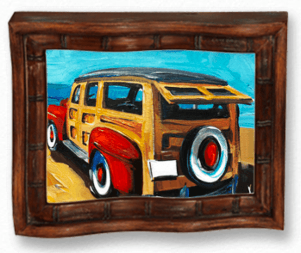 The Classic Gem painting features a vintage wooden station wagon with red accents and whitewall tires against a bright blue sky, framed in Steve Bartons signature Wavy frame. The artwork exudes charm and nostalgia with its dark brown wooden contours.