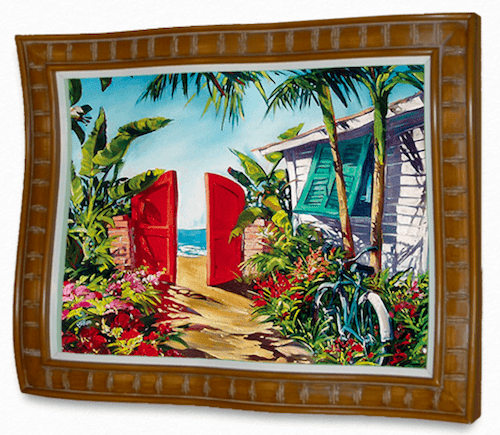 Cozy Beach by Steve Barton Art, available at Marcus Ashley Gallery, features a wooden-framed painting of a cozy beach scene with a red gate leading to the sea, a white house with green shutters, lush plants, and a bicycle.