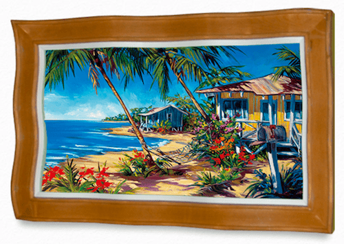 The limited edition Day Dreams by Steve Barton features a framed painting of a tropical beach with palm trees, colorful flowers, a sandy path, two quaint buildings, and a mailbox. The ocean lies to the left under a bright blue sky.