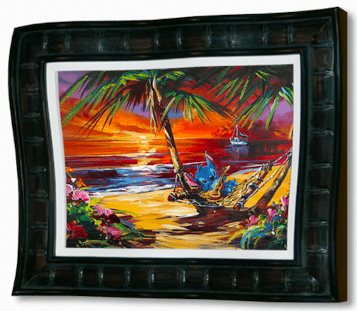 The painting Tropic Melody depicts a tropical beach at sunset with a character in a hammock, surrounded by palm trees, vibrant flowers, and a sailboat on the water beneath an orange-red sky. Elegantly framed in dark wood, its a stunning piece from the Marcus Ashley Gallery.