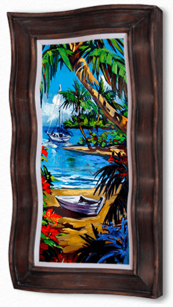 The vibrant Drift Away painting, in a wavy frame, captures a tropical beach scene with lush palms, vivid flowers, a sailboat on the water, and a rowboat on the sandy shore under a bright blue sky.