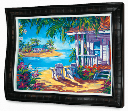 The Endless Summer framed painting captures a tropical beach scene with a white house and porch, wooden chairs, vibrant flowers, palm trees, and a calm ocean beneath a bright blue sky. Steve Bartons signature Wavy Frame gives it a unique touch reminiscent of Marcus Ashley Gallerys collections.