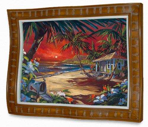 Evening Paradise, a framed painting from Marcus Ashley Gallery, showcases a tropical beach at sunset with a hut nestled among palm trees, a nearby hammock, and vibrant flowers lining the shore as waves gently lap against the sand in the foreground.