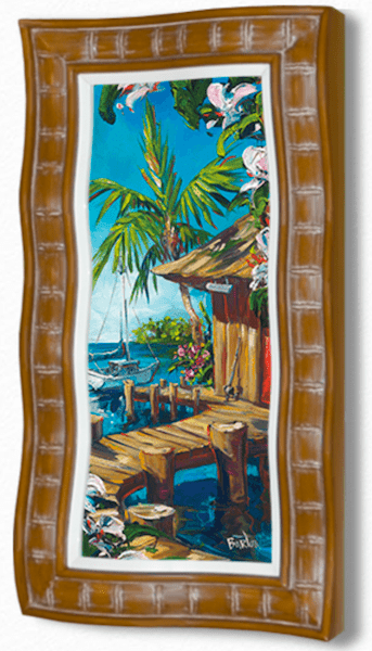 The framed painting Fish Tales by Steve Barton features a tropical scene with a wooden dock, palm trees, and a sailboat on blue waters. Lush greenery and vibrant flowers thrive under the bright sky, all within Bartons signature wavy wooden frame.