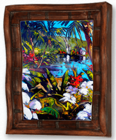 Steve Barton Arts Garden Falls is a vibrant painting with a wavy frame, depicting a tropical landscape with palm trees, a small house, colorful flowers, and cascading water under a bright blue sky.