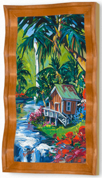 The colorful Green Haven painting in a wooden frame shows a small cabin with a green roof by a river. This Steve Barton piece features lush tropical plants, palm trees, bright flowers, and a clear sky—a vibrant masterpiece available at Marcus Ashley Art Gallery.