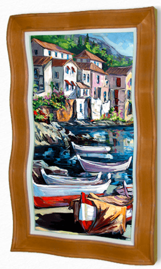 Harbor Boats, a vibrant Steve Barton painting, portrays a coastal village with tranquil waters and colorful houses. It features red-roofed homes and lush greenery, framed in a wooden wavy-edged frame, embodying Marcus Ashley Art Gallerys style.