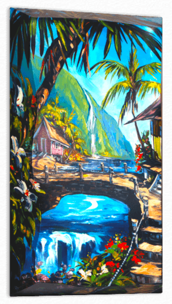 The vibrant painting Hidden Falls, reminiscent of Steve Barton art, features a tropical landscape with a wooden bridge over a waterfall. A pink house, lush greenery, palm trees, and colorful flowers surround the scene, completed by mountains and a bright blue sky.