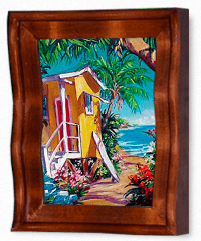 Island Ease is a vibrant beach scene painting in a wavy wooden frame like Steve Barton Art, showcasing a yellow cottage with white stairs amidst tropical foliage, a sandy path, and an ocean view under clear skies—ideal for Marcus Ashley Art Gallery.