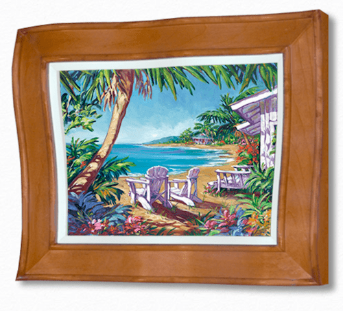 The Island Hideaway painting, similar to Steve Barton Art and available at Marcus Ashley Gallery, showcases two white chairs under palm trees facing the ocean. Vibrant plants and a small beach hut add liveliness to the idyllic tropical scene in a wooden frame.
