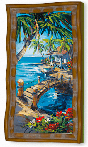 Steve Bartons Island Path is a framed painting featuring a tropical scene with a stone bridge over water, palm trees, ocean backdrop, a small house, vibrant flowers in the foreground, and a wooden frame with wavy edges.