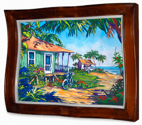 Explore Island Song, a framed painting showcasing a vivid tropical path, wooden huts, palm trees, colorful flowers, and a bicycle by the porch with ocean views. Find this captivating piece at Marcus Ashley Art Gallery.
