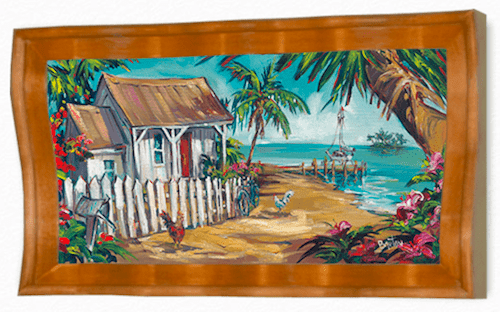 The painting Key West Memories features a cozy house with a red roof, chickens on a sandy path, and vibrant flowers, set against a backdrop of sea and sky, embodying the lively spirit characteristic of Steve Barton Art.