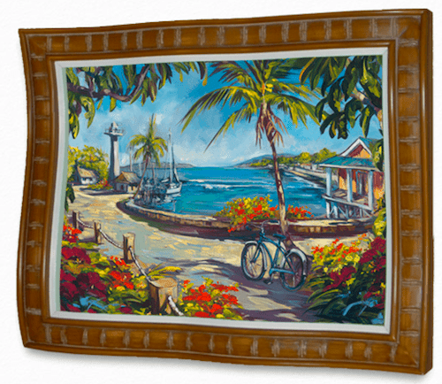 The framed painting, Lahaina Streets, captures a vibrant coastal scene akin to Steve Barton Art, complete with a lighthouse, boats, palm trees, a bicycle near red flowers, and a path along the water leading to a pier and houses under the bright blue sky.