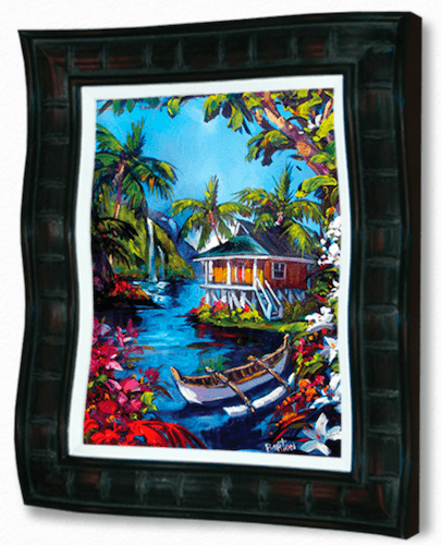 The stunning Lazy Lagoon by Steve Barton, framed in black, features a serene scene with a small wooden house by the water, lush greenery, colorful flowers, palm trees, and a canoe on the shore under a blue sky. Available at Marcus Ashley Art Gallery.