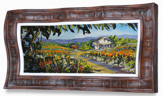 The framed painting Lemon Drop Aromas by Steve Barton Art features a vibrant vineyard in orange and green hues, with a farmhouse under a blue sky and distant hills, reminiscent of Marcus Ashley Gallerys ambiance. The frame is ornate and dark brown.
