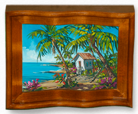 The Little Treasure painting features a coastal scene in a wavy frame, showcasing a small white house with palm trees and vibrant flowers by the sea, set against a bright blue ocean and sky, capturing Steve Barton Art’s tropical essence from Marcus Ashley Gallery.