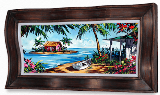 The painting Living in Paradise resembles Steve Barton art, showcasing an Island Paradise with a tropical beach scene. A red house on the island is nestled among palm trees under a blue sky, while a white boat rests on sandy shores, surrounded by rich greenery and flowers.