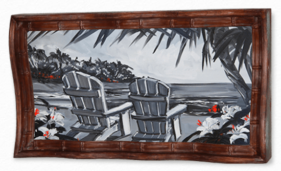 The serene coastal landscape painting, Love Life, features two empty chairs facing the ocean amidst tropical foliage and white flowers with red accents. It is enclosed in Steve Barton Arts signature wavy frame, capturing the tranquility of a beach setting.