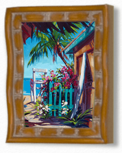 The Make Waves art piece captures a tropical seascape with a colorful painting in a wooden frame. It features a turquoise fence adorned with pink and white flowers, a vibrant palm tree, and offers glimpses of the blue ocean and sky reminiscent of Steve Barton art.