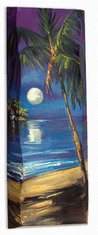 Steve Bartons Moonlight Kiss from his tropical evening series captures a vibrant impressionistic scene of a moonlit beach, with a graceful palm tree, silvery ocean reflections, and a sky transitioning from deep purple to blue, enhancing the silhouettes of the foliage.