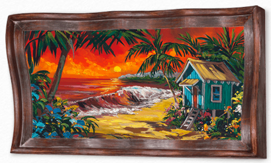 The Morning Light framed painting from Marcus Ashley Gallery by Steve Barton Art depicts a tropical beach sunset with a small hut, palm trees, colorful vegetation, and waves crashing onto a sandy shore beneath a sky of vivid oranges and reds.