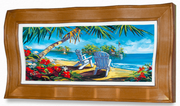 The limited edition Neighbor Island by Steve Barton showcases two white Adirondack chairs on a tropical beach, surrounded by red flowers and palm trees. Small lush islands dot the serene ocean beneath a bright blue sky. Available at Marcus Ashley Gallery.