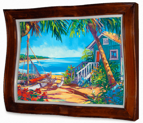 This framed art, North Shore Calling, by Steve Barton depicts a vibrant tropical beach with a wooden sailboat, small house with stairs, lush palm trees, colorful flowers, and ocean under a bright blue sky.