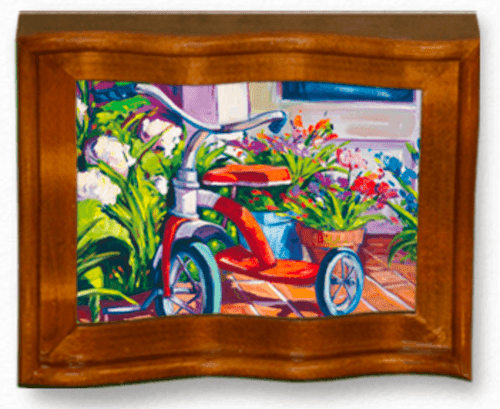 The limited edition Red Tricycle painting showcases a red tricycle on a patio amid vibrant flowers and lush greenery, all depicted in Steve Barton’s signature impressionistic style with tropical colors.