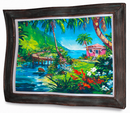 The Road to Hana painting at Marcus Ashley Art Gallery features a vivid tropical landscape with lush greenery, a flowing stream, red and white flowers, a pink house, a bridge, and palm trees set against a bright blue sky and ocean in a dark wooden frame.