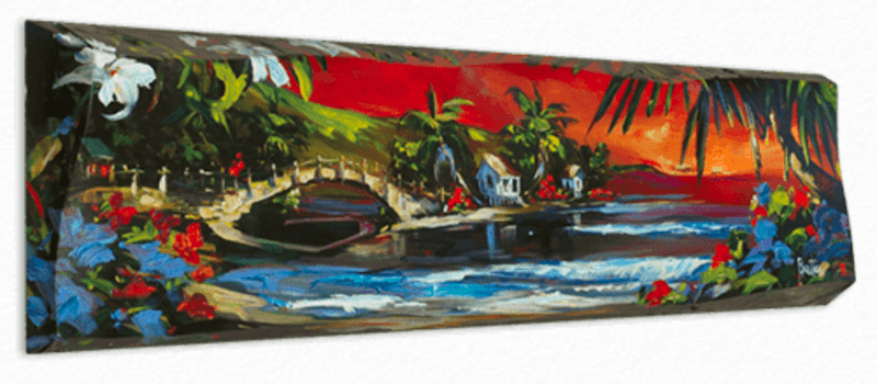 The Secret Passage painting captures a tropical seaside paradise at sunset, inspired by Steve Barton art. Featuring lush greenery, colorful flowers, a small white house, and palm trees against a vivid red and orange sky, waves gently lap the shore in this idyllic scene.